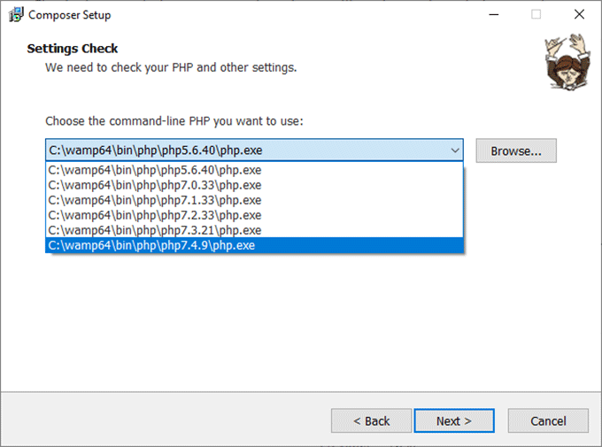 Composer setup on Windows - choosing a PHP version to use